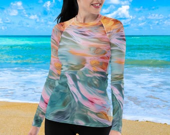 Wave Reflections Women's Rash Guard, SPF 50+, Swimwear for Women, Rashguard, Scuba Diving, Beach, Cruise, Lake, Boat, Workout, Water Sports