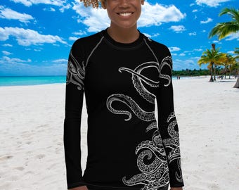 Midnight Octopus Women's Rash Guard, SPF 50+, Swimwear for Women, Rashguard, Scuba Diving, Beach, Cruise, Lake, Boat, Workout, Water Sports