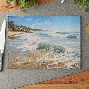 Beach Waves, Glass Cutting Board, 8&quot;x11&quot;, 11&quot;x15&quot;, Christmas 2023, Beach Lover Gift, Beach Decor, Coastal Decor, Cutting Board, Gift for Mom