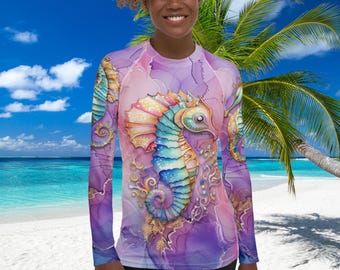 Seahorse 1 Women's Rash Guard, SPF 50+, Swimwear for Women, Rashguard, Scuba Diving, Beach, Cruise, Lake, Boat, Workout, Water Sports