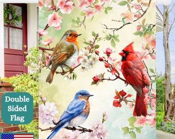 Bird Lovers Garden Flag: Robin, Bluebird, Cardinal, Spring Blossom