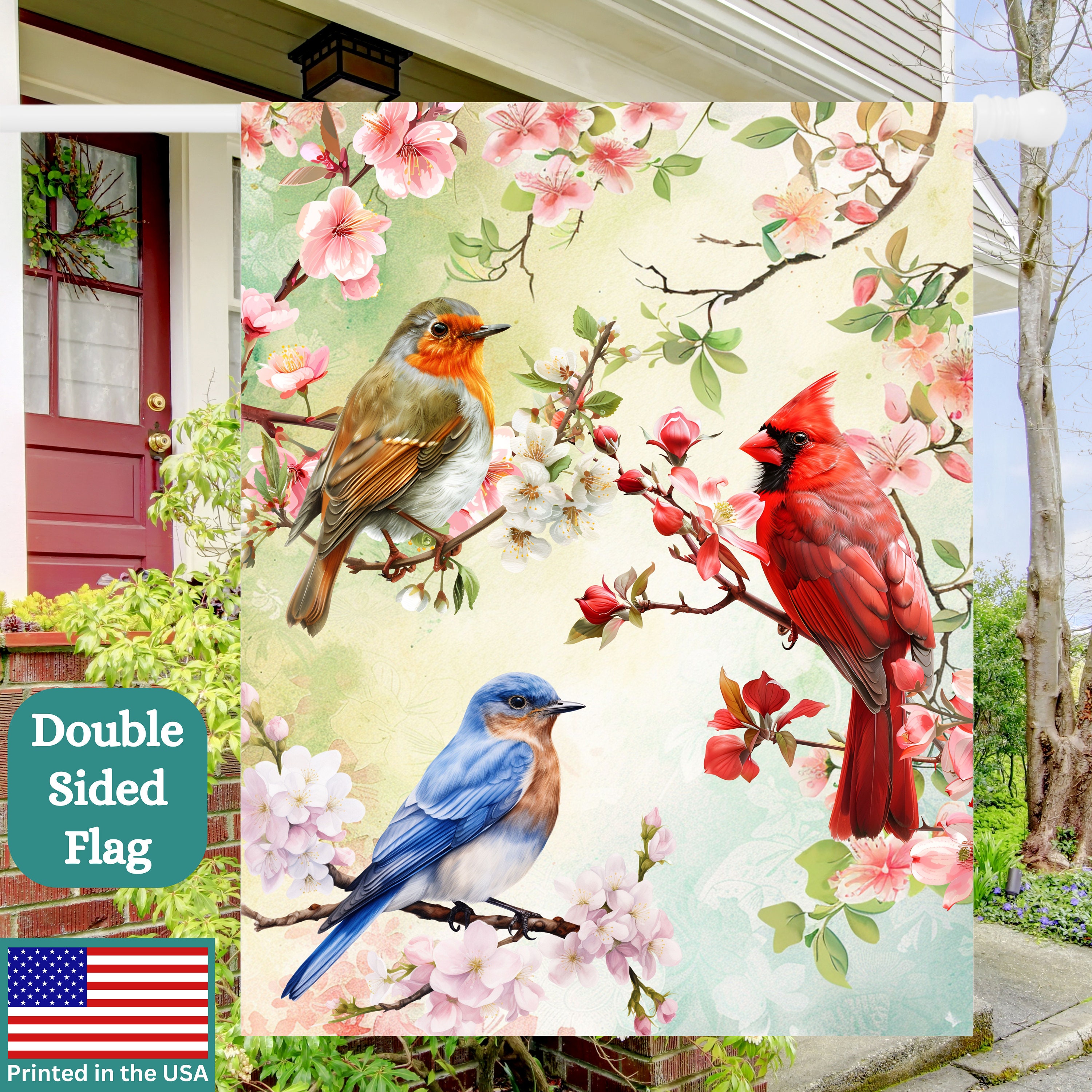 Bird Lovers Garden Flag: Robin, Bluebird, Cardinal, Spring Blossom