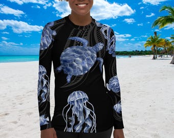Blue Sea Creatures Womens Rash Guard, SPF 50+, Swimwear for Women, Rashguard, Scuba Diving, Beach, Cruise, Lake, Boat, Workout, Water Sports