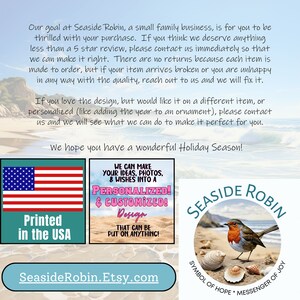 May include: A red robin bird perched on a bed of seashells. The bird is surrounded by a blue circle with the words 'Seaside Robin' in white text. The circle also includes the text 'Symbol of Hope * Messenger of Joy'. Below the circle is a white button with the text 'SeasideRobin.Etsy.com'. To the left of the bird is a red, white, and blue American flag with the text 'Printed in the USA'. To the right of the bird is a pink and white rectangle with the text 'We can make your ideas, photos, & wishes into a Personalized! & Customized! Design That can be put on anything!'