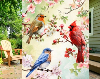 Bird Lovers Garden Flag: Robin, Bluebird, Cardinal, Spring Blossom