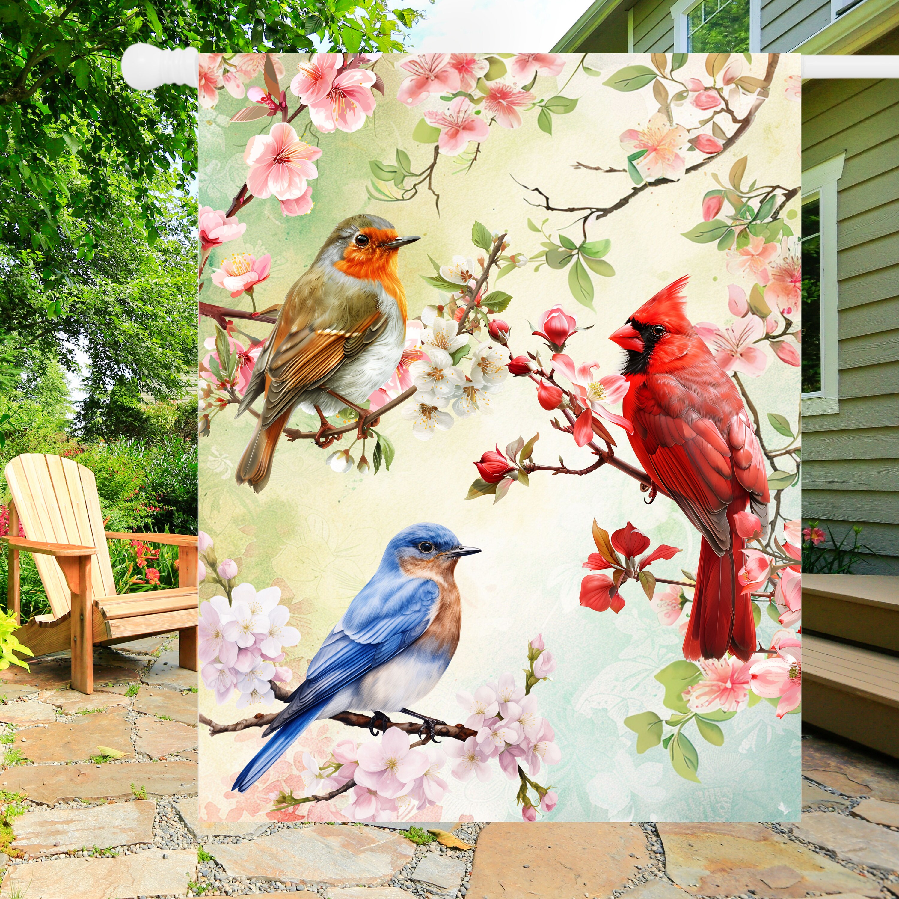 Bird Lovers Garden Flag: Robin, Bluebird, Cardinal, Spring Blossom