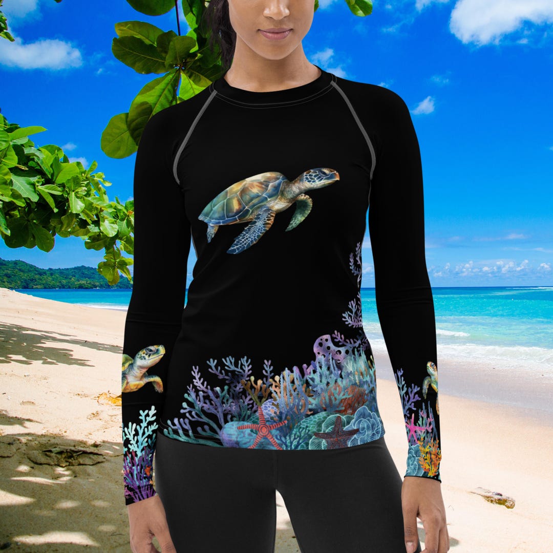 Midnight Turtle Reef Women's Rash Guard, SPF 50+, Swimwear for Women ...