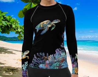 Midnight Turtle Reef Women's Rash Guard, SPF 50+, Swimwear for Women, Rashguard, Scuba Diving, Beach, Cruise, Lake, Workout, Water Sports