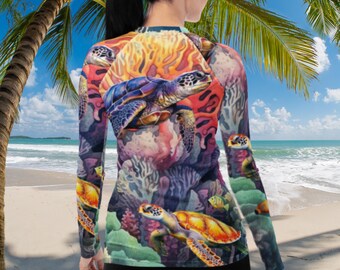 Sea Turtle Coral 1 Women's Rash Guard, SPF 50, Swimwear for Women, Rashguard, Scuba Diving, Beach, Cruise, Lake, Boat, Workout, Water Sports