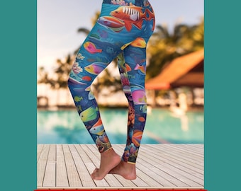 Puede incluir: Leggings azules y negros con un estampado colorido de peces y corales. Los leggings están diseñados para nadar o hacer deporte. "Swim/Sport Leggings" está escrito en letras rojas en la parte inferior de la imagen.