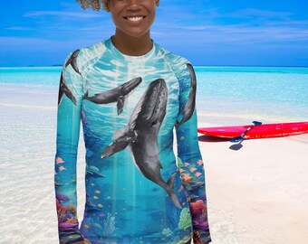 Whale Mom & Baby Women's Rash Guard, SPF 50+, Swimwear for Women, Rashguard, Scuba Diving, Beach, Cruise, Lake, Boat, Workout, Water Sports