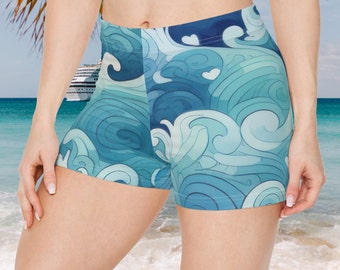Ocean Waves 1 Swimwear Shorts for Women for Beach, Cruise Lake, Boat, Scuba Diving, Workout Yoga Shorts, Water Sports, Soft Stretch