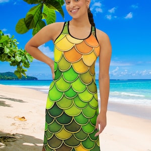 Robe sirène verte avec dos nageur et dos nageur pour femme, robe d&#39;été pour maillot de bain, tenue de plage, robe t-shirt confortable