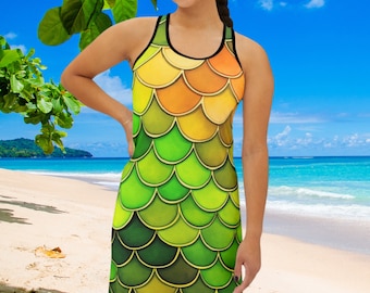 Green Mermaid Scale Tank Dress: Racerback Sundress Cover-Up