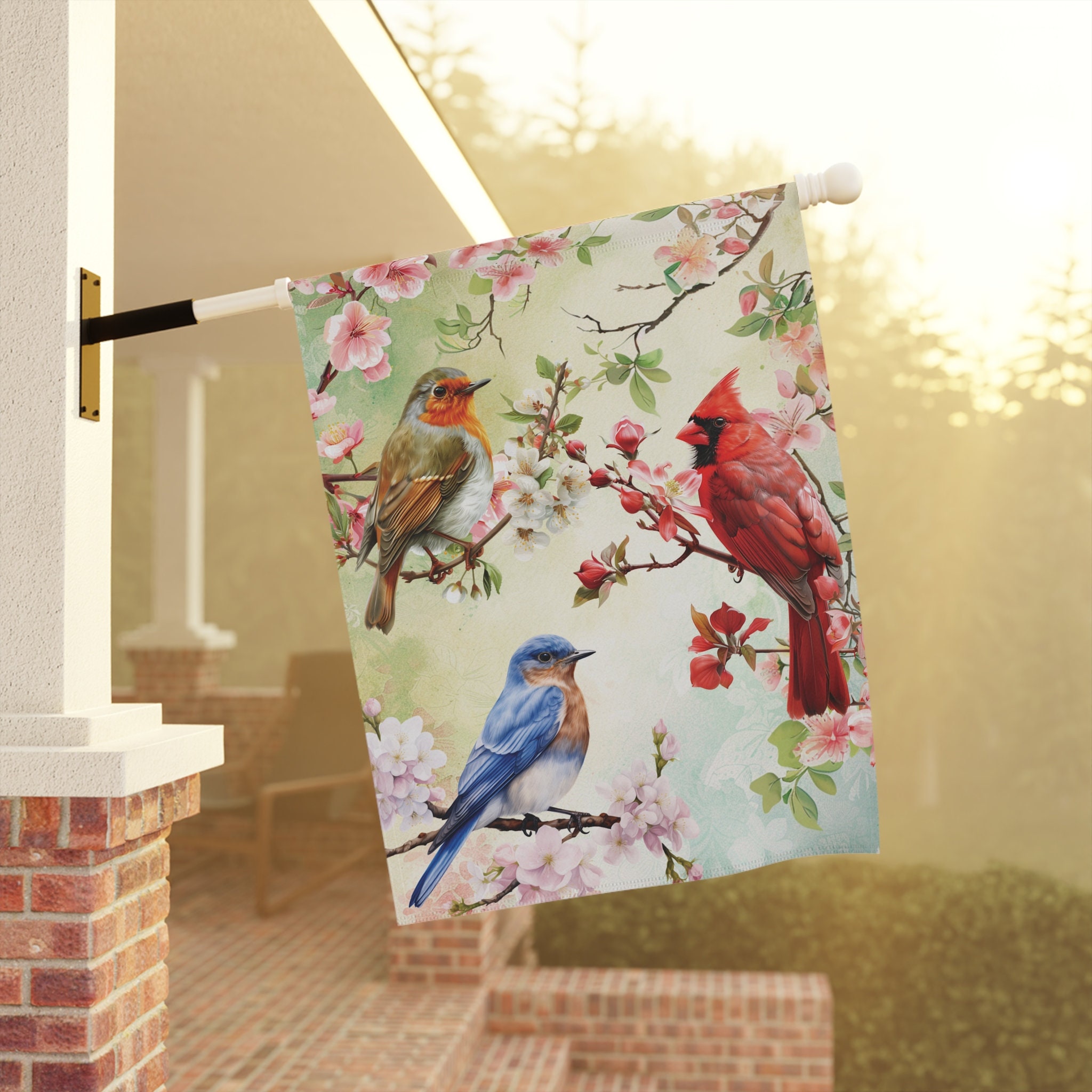 Bird Lovers Garden Flag: Robin, Bluebird, Cardinal, Spring Blossom