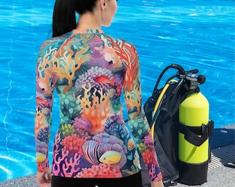 Women's Rash Guard Colorful Corals 2 Swimwear for Women for Scuba Diving, Beach, Cruise, Lake, Boat, Workout, Water Sports, Soft Stretchy
