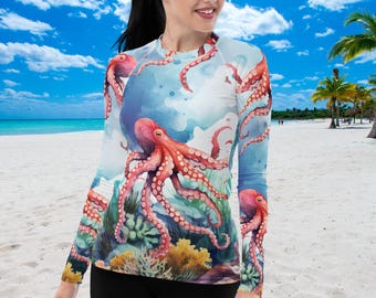 Octopus Coral Women's Rash Guard, SPF 50+, Swimwear for Women, Rashguard, Scuba Diving, Beach, Cruise, Lake, Boat, Workout, Water Sports