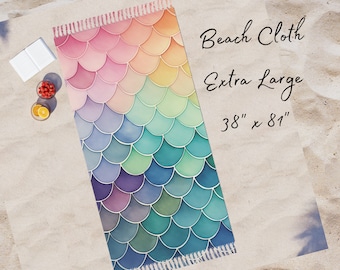 Rainbow Mermaid Scales Beach Blanket: Boho Travel Cloth (38" x 81")
