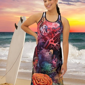 Coloré Reef 1, Robe débardeur longueur genou avec dos nageur pour femme, Robe d&#39;été à couverture pour maillots de bain, tenues de plage, Robe t-shirt confortable