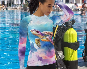Sea Turtle 1 Women's Rash Guard, SPF 50+, Swimwear for Women, Rashguard, Scuba Diving, Beach, Cruise, Lake, Boat, Workout, Water Sports