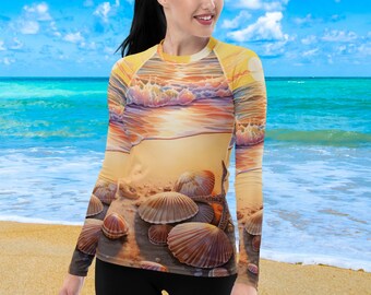 Sunset Shells Women's Rash Guard, SPF 50+, Swimwear for Women, Rashguard, Scuba Diving, Beach, Cruise, Lake, Boat, Workout, Water Sports