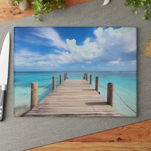 Dock am Strand Sonnenuntergang Glas Schneidebrett Muttertagsgeschenk, 8 &quot;x 11&quot;, 11 &quot;x 15&quot;, Einweihungsparty Weihnachtsgeschenk für Strand Küsten Dekor Liebhaber
