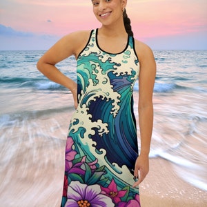 Robe débardeur longueur genou avec dos nageur pour femme, Vagues colorées 2, robe d&#39;été pour maillot de bain, tenue de plage, robe t-shirt confortable
