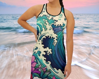 Colorful Waves Racerback Tank Dress: Beach Sundress Cover-Up