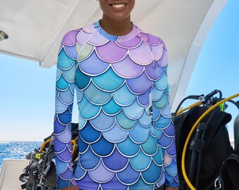Blue Mermaid Women's Rash Guard, SPF 50+, Swimwear for Women, Rashguard, Scuba Diving, Beach, Cruise, Lake, Boat, Workout, Water Sports