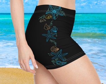 Midnight Seashells 2 Swimwear Shorts for Women for Beach, Cruise, Lake, Boat, Scuba Diving, Workout Yoga Shorts, Water Sports, Soft Stretchy