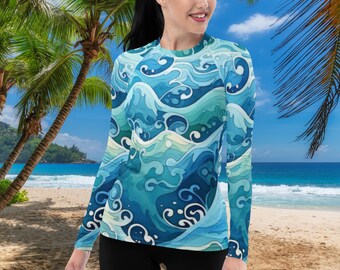 Curly Waves 1 Women's Rash Guard, SPF 50+, Swimwear for Women, Rashguard, Scuba Diving, Beach, Cruise, Lake, Boat, Workout, Water Sports