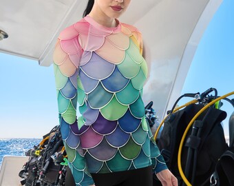 Rainbow Mermaid Women's Rash Guard, SPF 50+, Swimwear for Women, Rashguard, Scuba Diving, Beach, Cruise, Lake, Boat, Workout, Water Sports