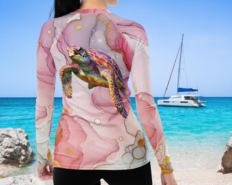 Sea Turtle Pink Women's Rash Guard, SPF 50+, Swimwear for Women, Rashguard, Scuba Diving, Beach, Cruise, Lake, Boat, Workout, Water Sports