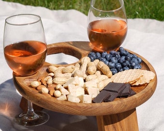 Wooden folding wine picnic table, Wine bottle holder Serving Plate For Fruits, Patio furniture portable, Wooden dish, Wine personalize gifts