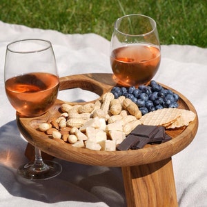Wooden folding wine picnic table, Wine bottle holder Serving Plate For Fruits, Patio furniture portable, Wooden dish, Wine personalize gifts