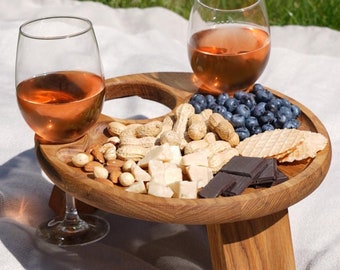 Mesa plegable de madera, portabotellas de vino, plato para servir frutas, muebles de picnic portátil, vino, regalos personalizados, entretenimiento al aire libre