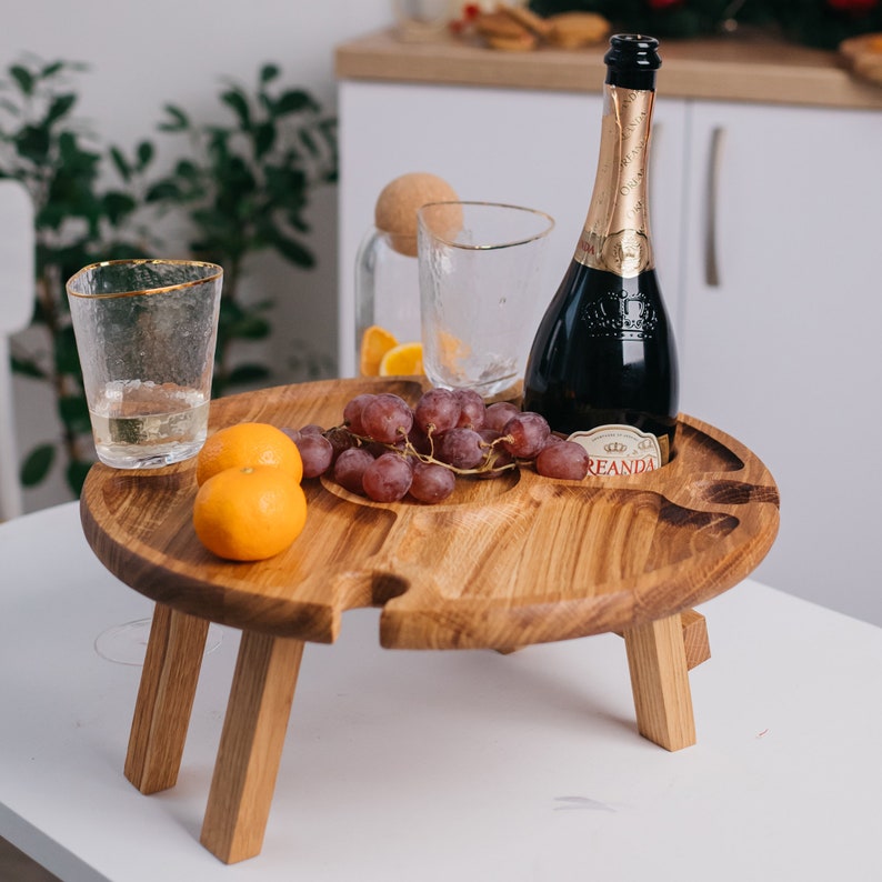 Wooden Wine Table and Cheese Board, Low Picnic Table Gift for Wine