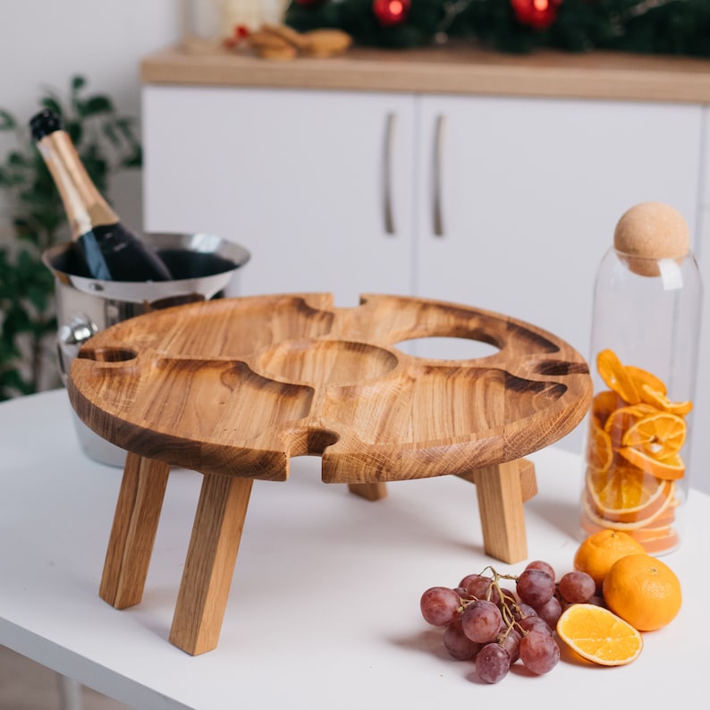 Wooden Wine Table and Cheese Board, Low Picnic Table Gift for Wine