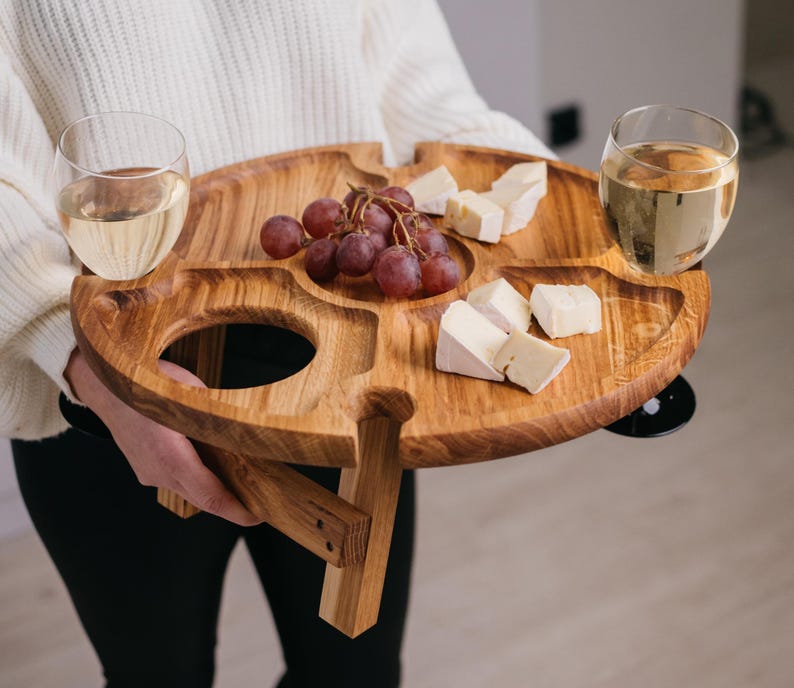 Wooden Wine Table and Cheese Board, Low Picnic Table Gift for Wine