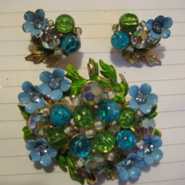 SELINI signed Brooch Clip On Earrings Sky Blue Enamel Flower Bouquet, Vintage Jewelry