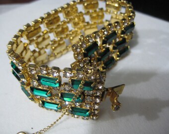 Absolutely Beautiful Wide Bracelet Green and Clear Rhinestones in gold-tone setting, unsigned