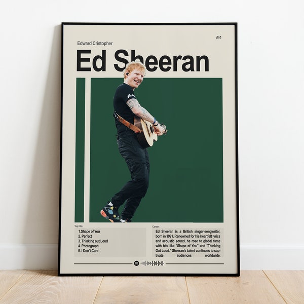 Ed Sheeran poster, artist poster, music poster, music wall art, bedroom poster, man cave art,