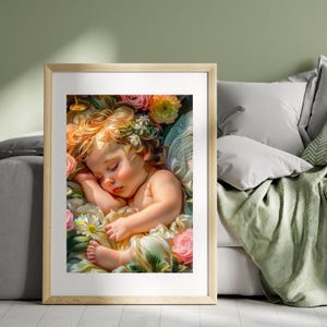 Sleeping Cherub Digital Print, Nursery Wall Art, Instant Download Fairy Baby Art, Floral Angel PDF Baby Room Decor, Baby Angel Wall Art