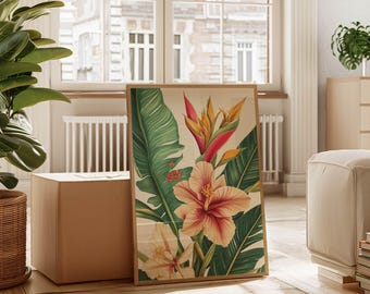 Botanische posterprint | Gedetailleerde Hibiscus-plant wanddecoratie | Boho Jungle esthetisch decor | Groene bladkunst | Slaapkamerposter