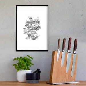 Deutsches Essen Poster, Wanddeko Deutschlandkarte mit Sprüchen minimalistisch für die Küche schwaz-weiß, dezenter Text Kalligrafie Poster