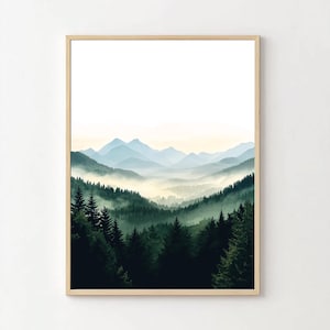 Poster grüner Wald Berge Landschaft mit Nebel, aquarell Wanddeko Wohnzimmer und Schlafzimmer, Weihnachtsgeschenk Posterdruck schlicht