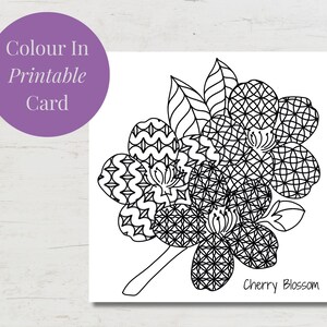 Cartão de flor de cerejeira para imprimir e colorir, flores da primavera, colorir, download instantâneo, envelopes, colorir para adultos, cartões feitos à mão
