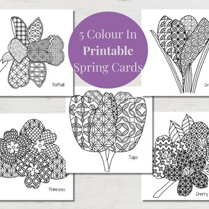 Cartes imprimables de fleurs de printemps à colorier, fleurs de printemps, téléchargement immédiat, enveloppes, coloriage pour adultes, cartes faites main