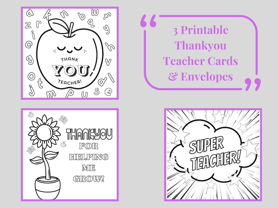 Printable Teacher Thank You Cards to Colour, 3 Designs Included ...
