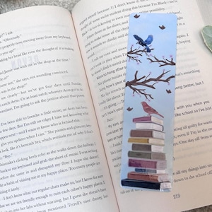 Bookstack Bookmark, Book Stack Drawing, Bird Bookmark, Spring, Flower, Art, Bookish Gift, Book Lover, Laminated